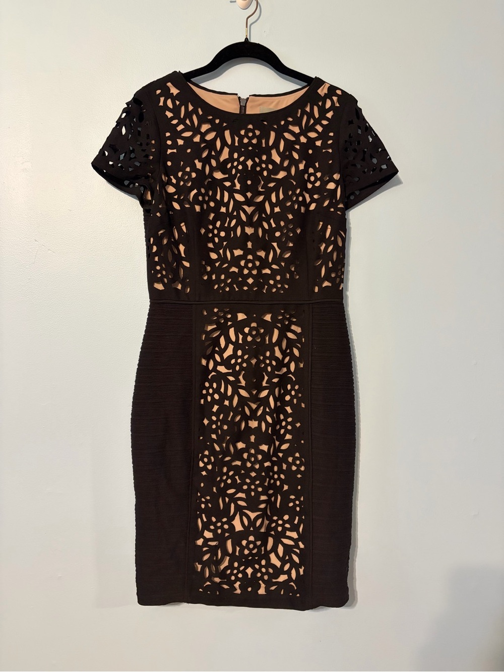 Maeve Black Laser-Cut Sheath Dress with Nude Lining